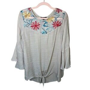 AGB Women’s Cream Embroidered Tie Waist Flutter Sleeve Blouse‎ Size XLarge Top
